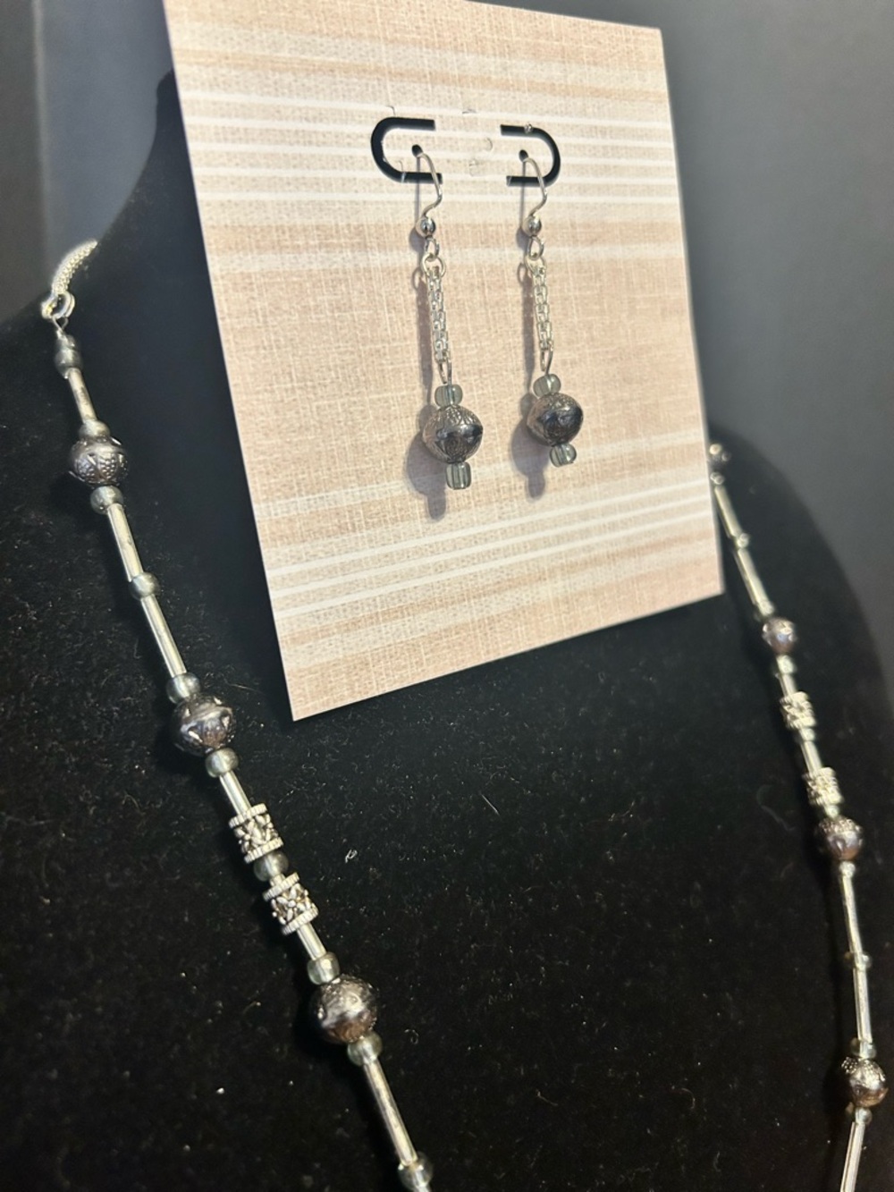 Silver Tone Beaded Necklace and Drop Earrings -